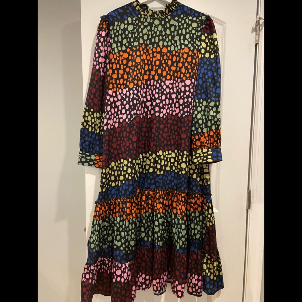 Fun and playful rainbow polka dot dress